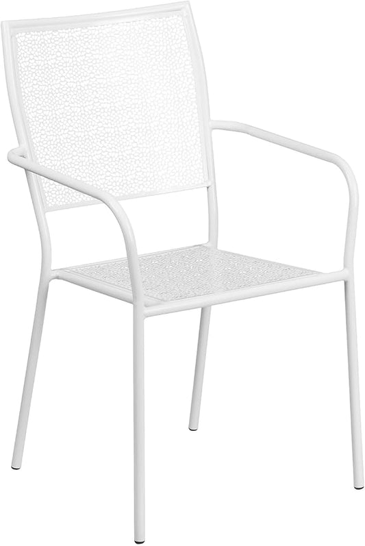 Flash Furniture Commercial Grade White Indoor-Outdoor Steel Patio Arm Chair with Square Back