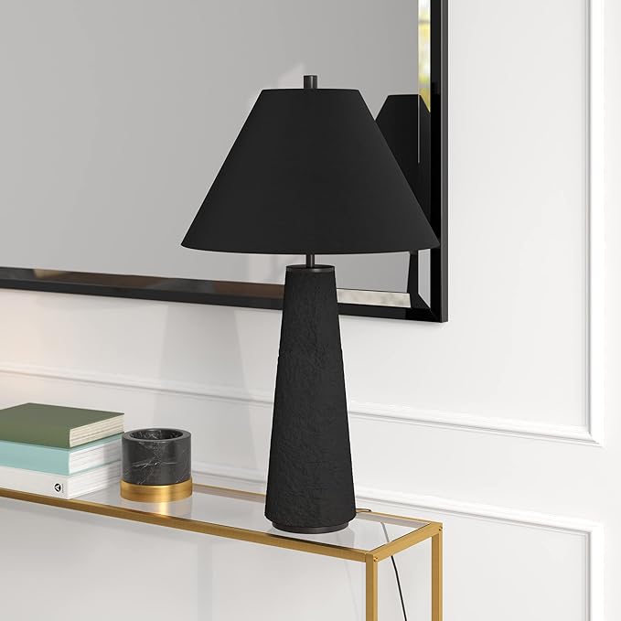 Henn&Hart 27.5" Transitional 1-Light Table Lamp with Tapered Ceramic Base and White Fabric Cone Shade for Living Room, Bedroom, or Office, Matte Black
