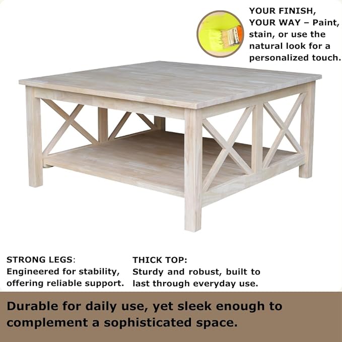 Solid Wood Hampton Square Coffee Table, Unfinished