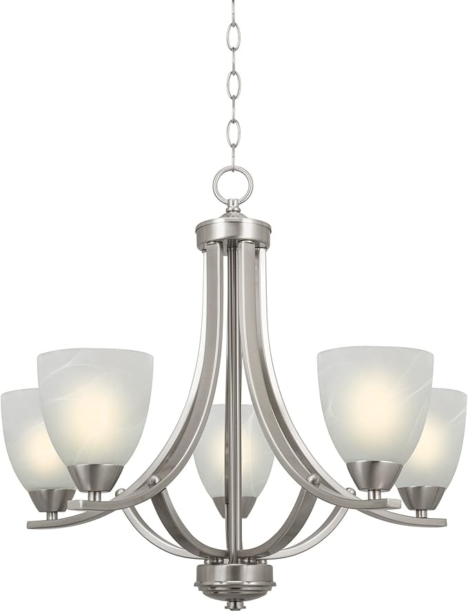 Kira Home Weston 24" Contemporary 5-Light Large Chandelier + Alabaster Glass Shades, Adjustable Chain, Brushed Nickel Finish