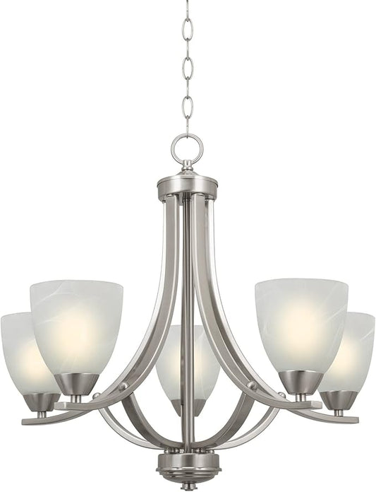 Kira Home Weston 24" Contemporary 5-Light Large Chandelier + Alabaster Glass Shades, Adjustable Chain, Brushed Nickel Finish