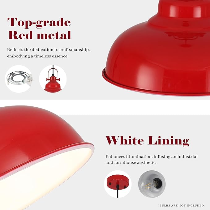 Red Dome Pendant Light, Red Pendant Light Kitchen Island 3 Pack, 11.41 Inch Farmhouse Pendant Lights, Hanging Light Fixture for Kitchen Island, Dining Room, Living Room