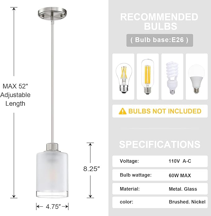 3 Pack 1-Light Industrial Farmhouse Kitchen Island Pendant Ceiling Light Frosted Glass Fixture,Brushed Nickel Finish for Bedroom Hallway Dining Room Entryway Over Sink