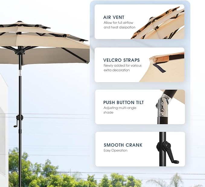 wikiwiki 9ft 3-Tier Patio Umbrella Outdoor Table Market Umbrella for Patio with Push Button Tilt/Crank, Fade Resistant Waterproof POLYESTER Canopy for Garden, Lawn, Deck, Backyard & Pool, Beige