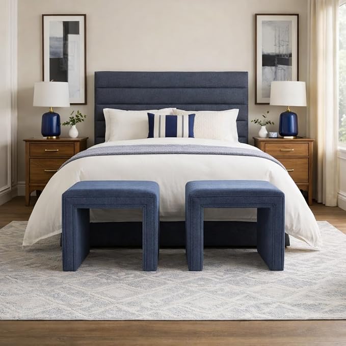 Spatial Order Modern Channel Tufted Ottoman | HomePop Home Décor | Ottoman for Living Room & Bedroom - Blue Woven Fabric