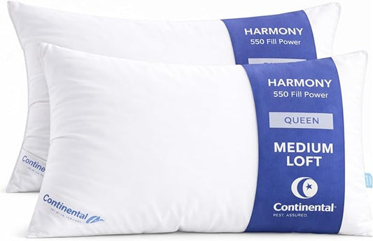 Continental Bedding Harmony White Goose Down Pillow 550 Fill Power Medium Loft 100% Cotton 300 Thread Count Shell Queen Size 2 Pack Made in USA