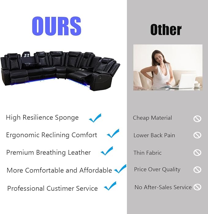 Power Recliner Sofa Set, Power Sectional Sofa for Living Room, Black Breathing Leather Sectional Couch, Loveseat and Chair Sets with LED, USB Charging, Cup Holders, Storage for House/Office