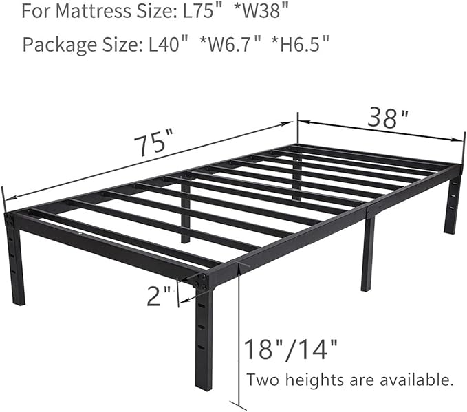 Twin Size Bed Frame 18 inches Tall, 3500lbs Heavy Duty Metal Platform with Steel Slats Support, No Box Spring Needed, Sturdy and Noise-Free, Black