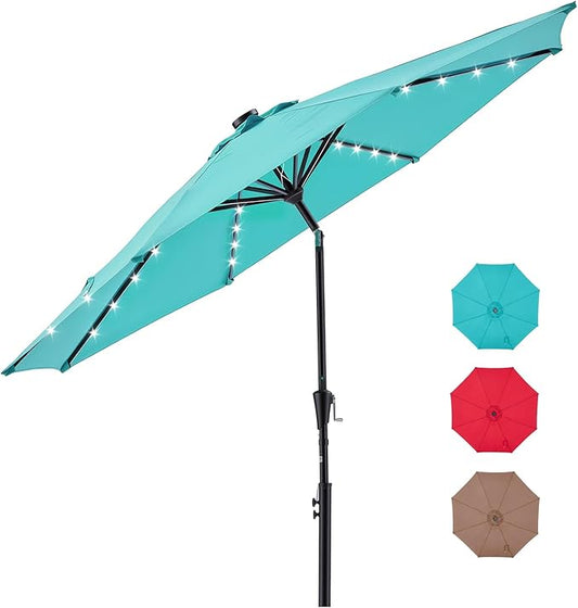 DUMOS 10 FT Outdoor Patio Umbrella with 32 LED Lights, UV-Resistant Outdoor Table Umbrella with Tilt and Crank for Backyard, Deck, Garden and Beach, Blue