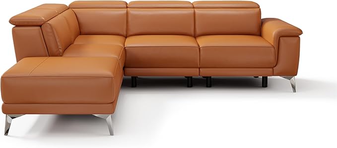 Valencia Pista 113" Full Leather Reclining Sectional Sofa with Left Hand Chaise | Power Recliner Chair, Nappa 11000 Leather | Sectional Couch for Living Room Furniture, Cognac