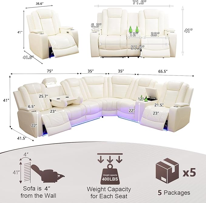 Leather Power Recliner Sectional Sofa Set with LED Light,L Shaped Leather Sectional Set with 5 Recliner Seats,Modular Sofa and Loveseat with USB Port for Living Room Furniture