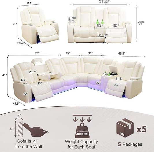 Leather Power Recliner Sectional Sofa Set with LED Light,L Shaped Leather Sectional Set with 5 Recliner Seats,Modular Sofa and Loveseat with USB Port for Living Room Furniture