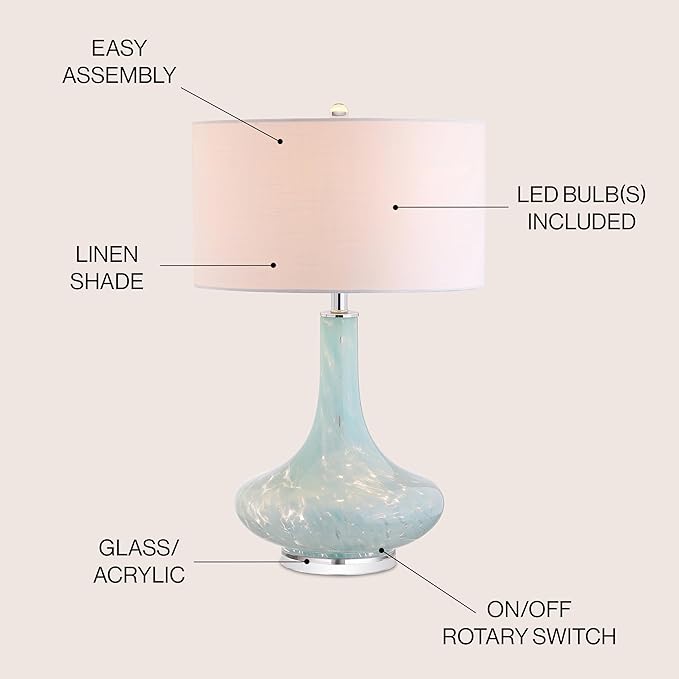 JONATHAN Y 29" Ice Blue Teardrop Glass LED Table Lamp, Contemporary Gourd Lamp with White Linen Drum Shade and Chrome Base for Living Room Bedroom, LED Bulb Included JYL2001A