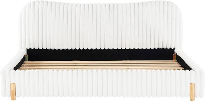 Merax Sleek Boucle Upholstered Bed with Wavy Headboard & Vertical Stitching,King,White