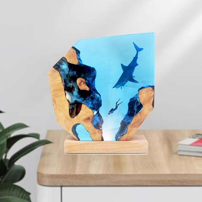 Shark Diver LED Ocean Lamp, Epoxy Resin Decorative Night Light for Office, Desk, Bathroom or Bedroom, Suitable for Holidays (Shark&Diver)