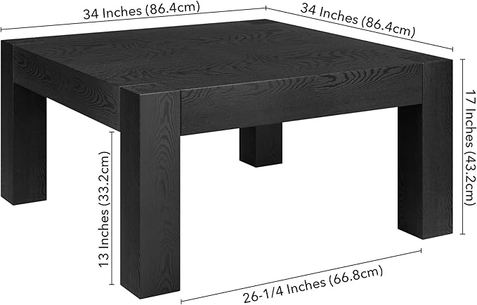 Henn&Hart 34" Square Coffee Table with Wood Top for Living Room, Family Room, Office, or Apartment, Natural Black