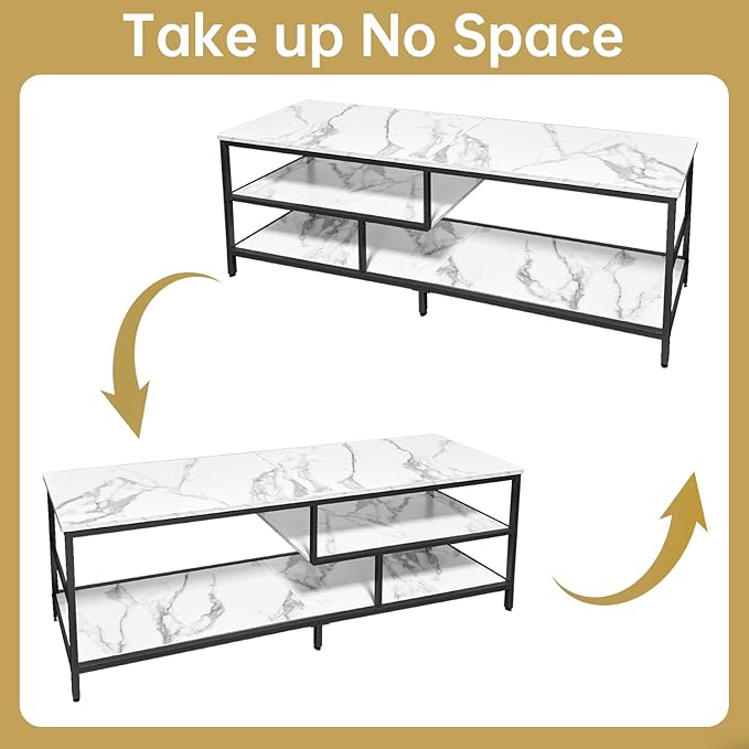 AT-VALY TV Stand for 55-75 inch TVs, Metal&MDF TV Stand with 3-Tier Storage Shelves for Living Room, Entertainment Center with Storage Cabinets (Black)