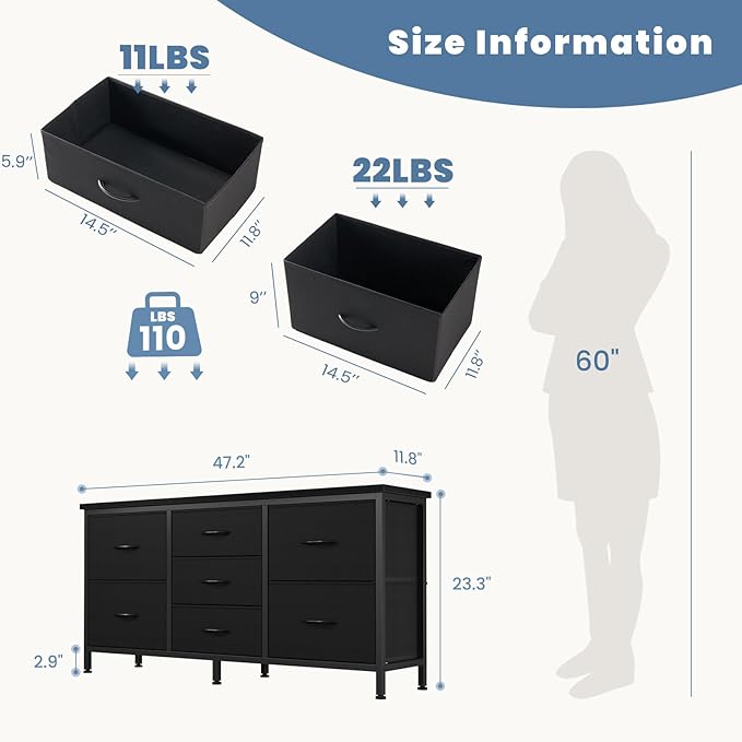 DUMOS TV Stand 7 Drawer Dresser for Bedroom with Storage TV Stands for Living Room Black, Farmhouse Entertainment Center Media Console Table with Metal Frame Adjustable Feet