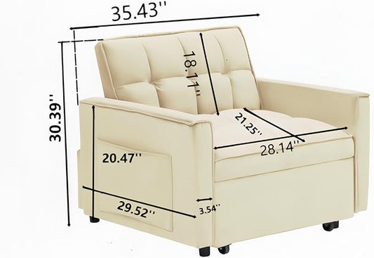 Sleeper Chair, Pull Out Chair Sleeper with Adjustable Back & Pocket, Convertible Chairs Bed Sleepers for Adults, 3 in 1 Sofa Bed Chairs for Small Spaces, Living Room, White