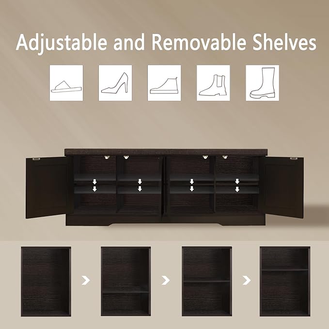 DINZI LVJ Shoe Bench, Entryway Storage Bench with Doors, Cushion, 2-Tier Shoe Rack with 8-Cubby, 47.2”L x 13.8”W Shoe Organizer Cabinet, Adjustable Shelf, Living Room, Bedroom, Espresso