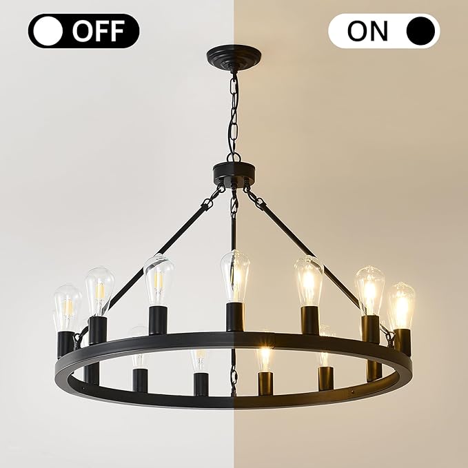NILSE 15-Light Black Wagon Wheel Chandelier, 32" Round Chandelier for Porch, Iron Industrial Chandeliers Light Fixture for Living Room Kitchen Island Foyer Entryway, E26