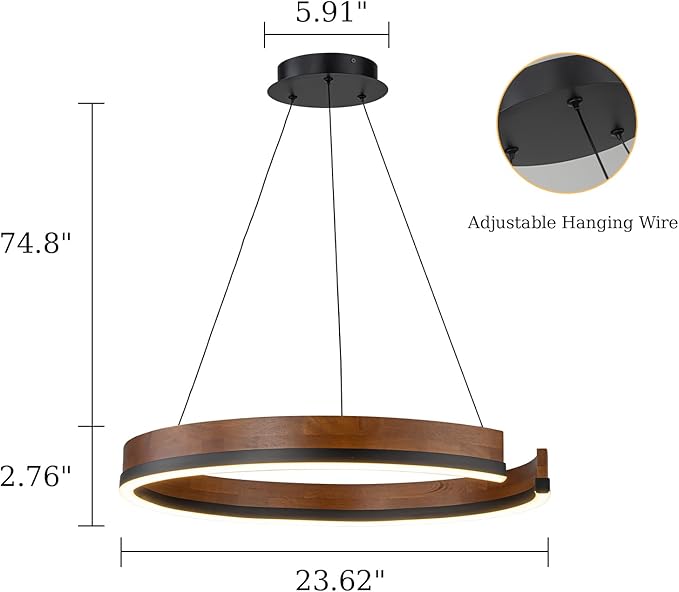 Modern Wood Chandelier, 24" Dimmable Round LED Chandelier Farmhouse Walnut Color Dining Room Light Fixtures for Entryway Kitchen Foyer