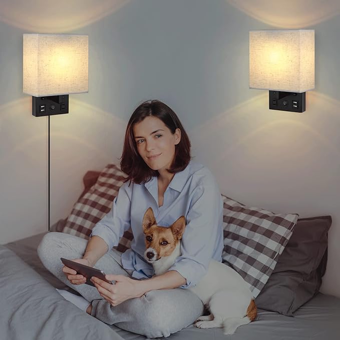 CADUKE Bedside Wall Lamp Set of 2, Plug in Wall Sconce with USB Charging Port and AC Outlet, Modern Black Brushed Nickel Wall Light with Plug in Cord for Living Room Office, E26 LED Bulb Included