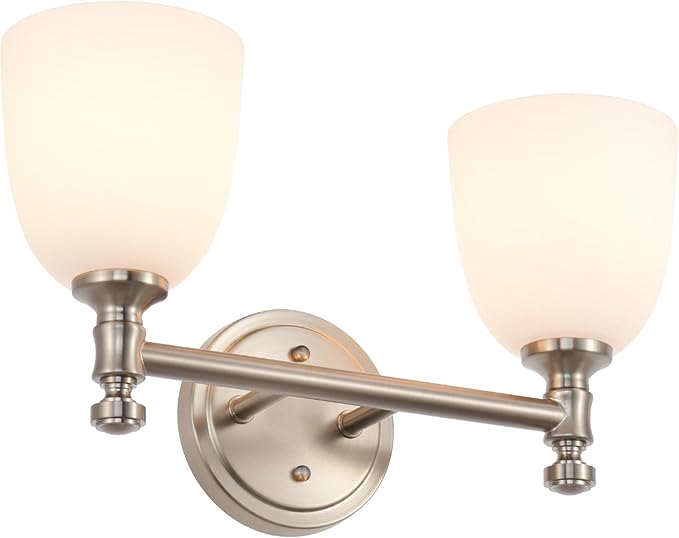 Bathroom Light Fixtures, Brushed Nickel 2-Light Bathroom Vanity Light Fixtures Over Mirror, Vintage Vanity Lights for Bathroom Living Room, Milk White Glass Shades , Standard E26 Base, Brushed Nickel