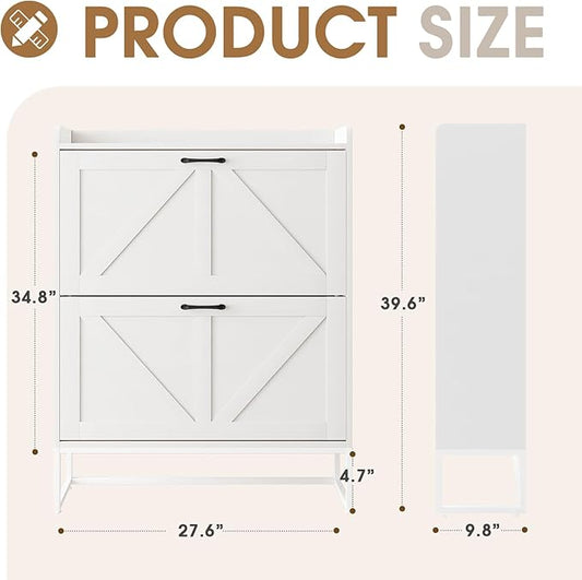 Shoe Cabinet, Shoe Storage Cabinet with 2 Flip Drawers & Adjustable Shelf, Space-Saving Shoe Organizer – Holds 16+ Pairs, Narrow Shoe Cabinet Storage for Entryway/Hallway（White）