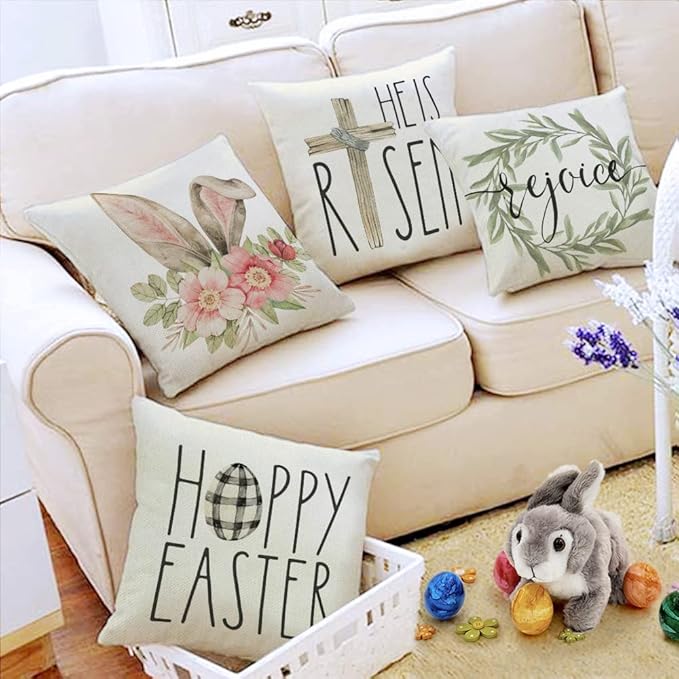 GEEORY Easter Pillow Covers 20x20 Set of 4 Easter Decorations for Home He is Risen Floral Pillows Bunny Easter Buffalo Plaid Eggs Decorative Throw Pillows Spring Easter Farmhouse Decor