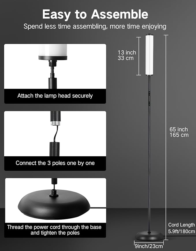 OUTON Bright LED Floor Lamp with Remote, Touch & APP Control, 1500LM 65" Tall Smart Standing Lamp, Color Changing Ambient Lighting, Music Sync, Modern Corner Lamps for Living Room, Bedroom, Black