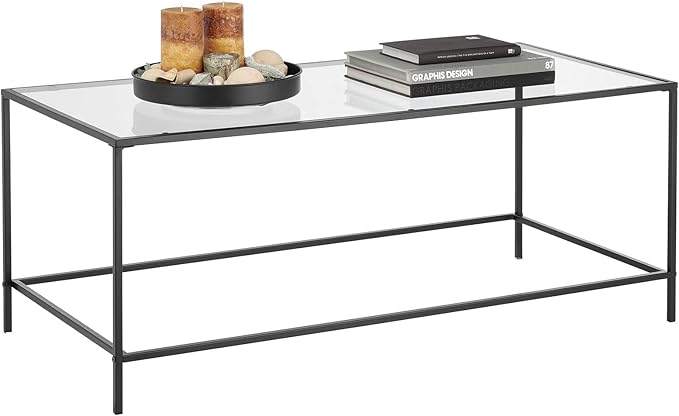 mDesign Glass Top Coffee Table - Large Minimalistic Rectangular Geometric Metal Accent Furniture Unit for Living Room, Basement, Home Office, Garage, and Bedroom - Black