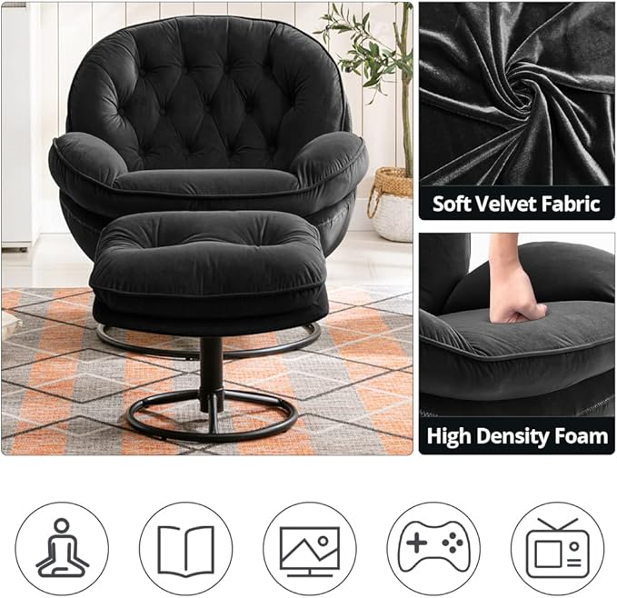 Velvet Swivel Accent Chair with Ottoman Set, Modern Lounge Chair with Metal Base Frame & Footrest, Comfortable Single Leisure Sofa Chair Reading Chair with 360 Degree Swiveling for Living Room, Black