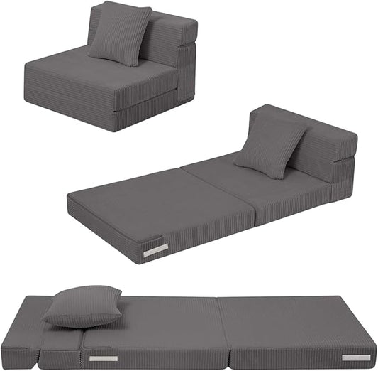 MeMoreCool Kids Folding Sofa Chair – Corduroy Floor Futon, Tri-Fold Mattress, Dark Grey, Portable, Washable Cozy Fold-Out Floor Couch | Foam Lounger for Sitting, Reading, Playroom, Travel