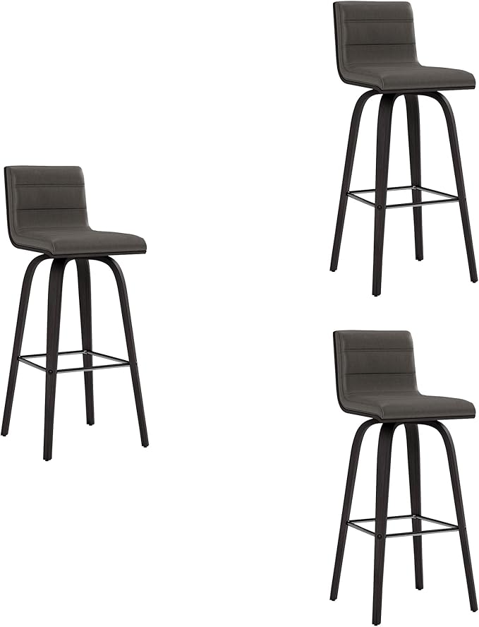 Vienna 30" Swivel Bar Stool in Black Wood Finish with Gray Faux Leather - Set of 3