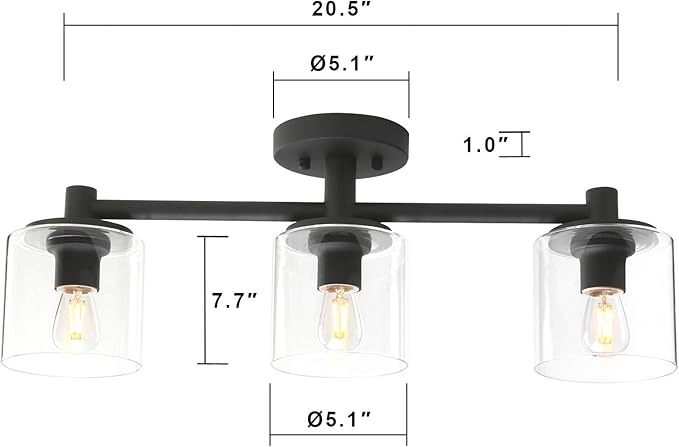 Pathson 3-Light Semi Flush Mount Ceiling Light, Industrial Pendant Lighting Fixture with Glass Shade, Ceiling Chandelier Lamp for Hallway Loft Kitchen Bar
