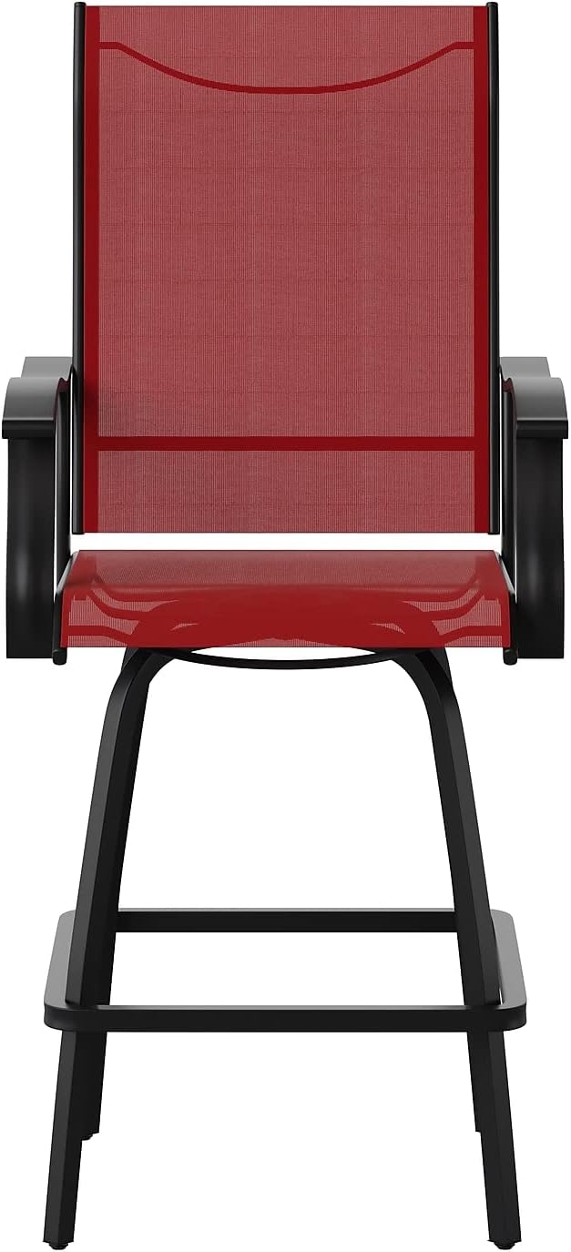 Flash Furniture Valerie Patio Bar Height Stools Set of 2, All-Weather Textilene Swivel Patio Stools with High Back & Armrests in Red