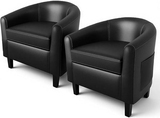 GarveeHome Accent Barrel Chairs Set of 2 Faux Leather Club Armchairs Living Room Chairs with Soft Padded Seat for Bedroom Waiting Reading Room(Black)