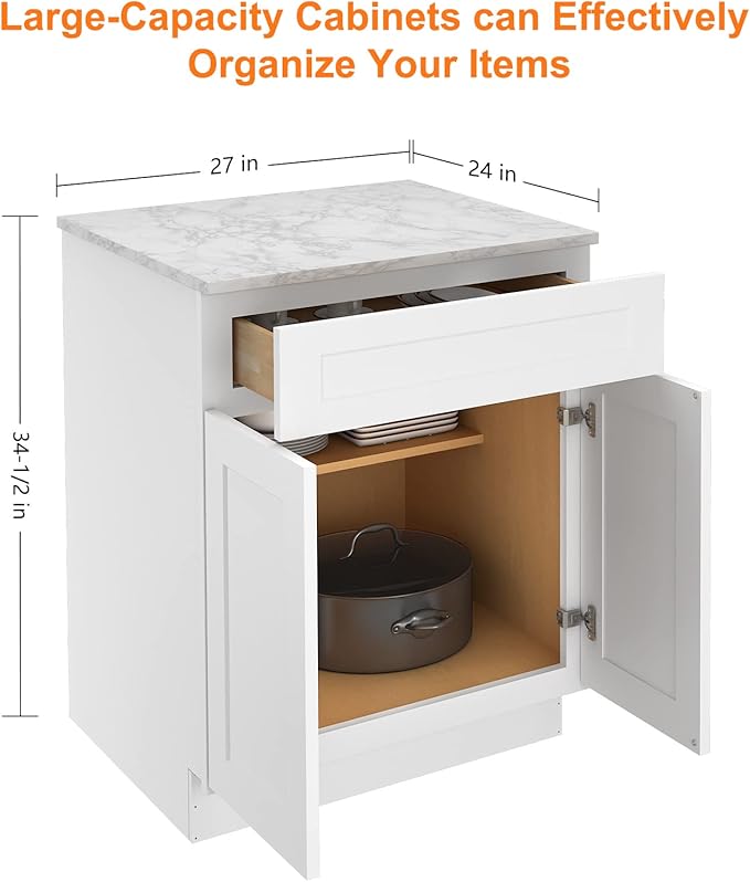 LOVMOR Kitchen Base Cabinets, Sideboard Storage Cabinet, Entryway Cabinet with 1-Drawer & Adjustable Shelf, 27" W X 24" D X 34-1/2"H