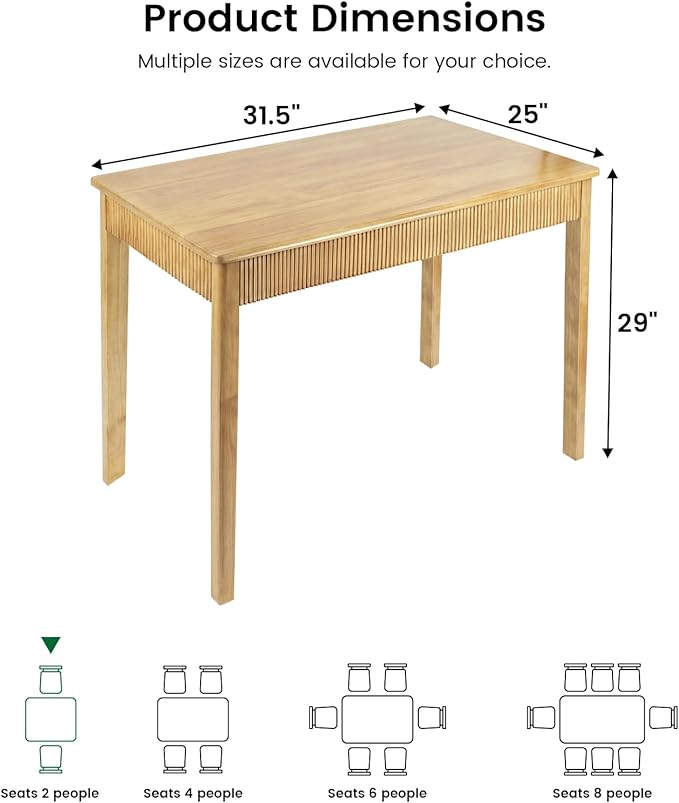 31.5" Solid Wood Dining Room Table for 2,Modern Farmhouse Rectangular Kitchen Real Wooden Table,Mid Century Fluted Design Furniture Desk for Home,Small Space,Apartment,Living Room Nature