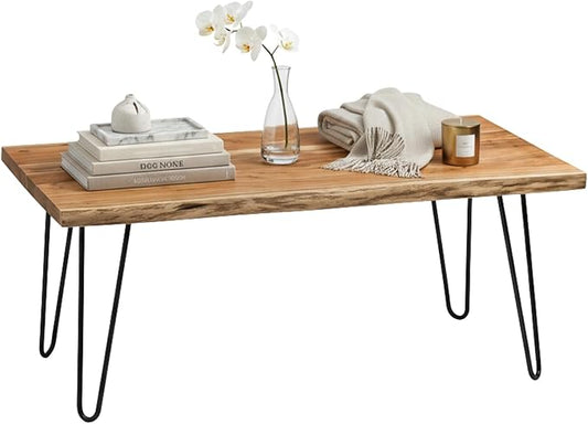 Alaterre Furniture Live Edge Wood Coffee Table with Hairpin Metal Legs – Rustic Modern Farmhouse Living Room Table with Acacia Wood Top (42 Inch)