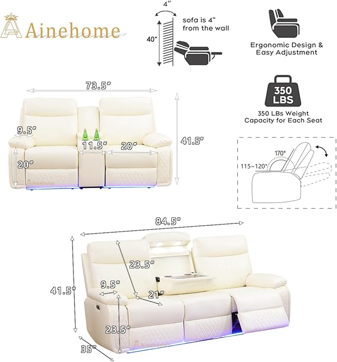 A Ainehome 2 Pieces Living Room Furniture Sets, Breathable Leather Power Recliner Sofa Set, Vanilla White Leather Reclining Sofa Loveseat Couches for Living Room with LED/Storage/Cup Holders