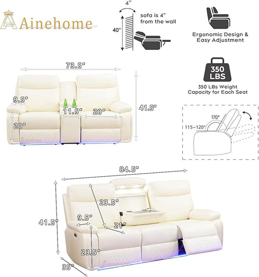 A Ainehome 2 Pieces Living Room Furniture Sets, Breathable Leather Power Recliner Sofa Set, Vanilla White Leather Reclining Sofa Loveseat Couches for Living Room with LED/Storage/Cup Holders