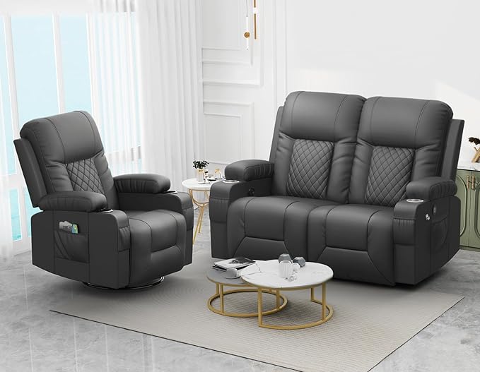 FURNIMAT Loveseat Recliner Sofa Set with 2+1 Pieces in Living Room, 2 Seater Reclining Loveseat Leather, 1 Recliner Chair with 360 Degree Swivel Single Sofa Seat