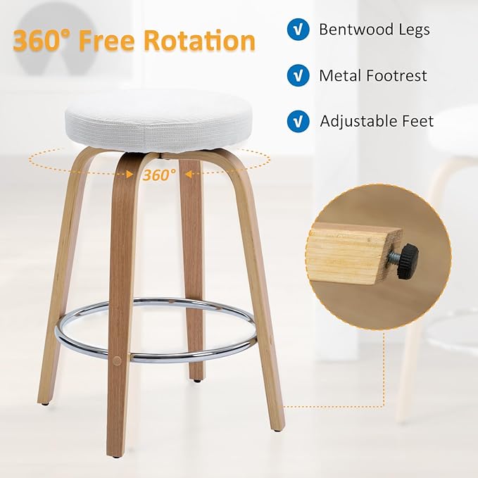 Swivel Bar Stools Set of 2 for Island Kitchen, Modern 26" Backless Counter Height Bar Stools, 360 Swivel Saddle Seat, White