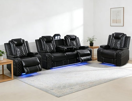 Power Reclining Sofa Set, 3PCS Living Room Set with Recliners, Luxury Recliner Sofa & 2 Chairs with Charging/Storage/LED, Breathing Leather Reclining Couch for Home Theater/Office, Black