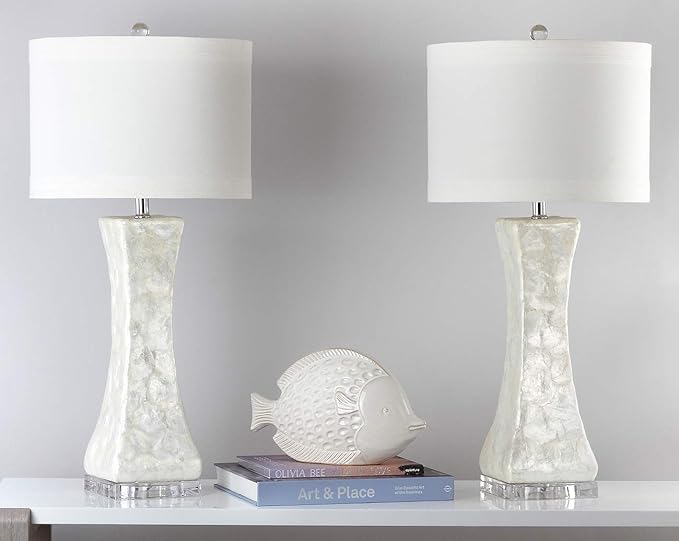 SAFAVIEH Lighting Collection Shelley White Concave 31-inch Table Lamp Set of 2 with USB Charging Port (LED Bulbs Included)