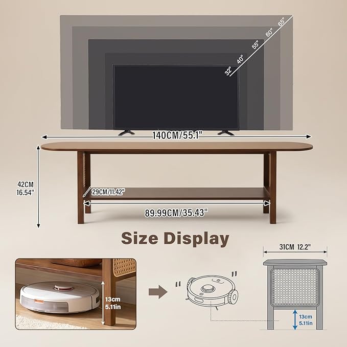 Welnow Walnut Rattan TV Stand for 65" TV, Mid Century Modern Entertainment Center with 2-Tier Open Shelves, Versatile Modern TV Console & Table for Living Room & Gaming
