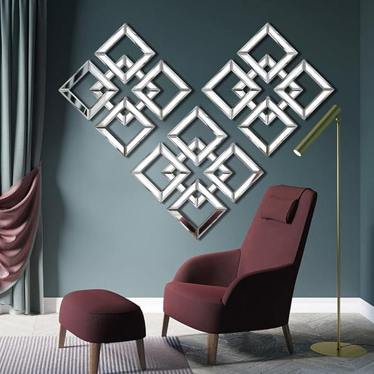 Silver Mirrored Wall Decor 16x16” Decorative Mirror Modern Fashion DIY Wall-Mounted Mirrors Square Design Gorgeous, Glam, Accent, Vintage, Chic Mirror for Room and Home Decor