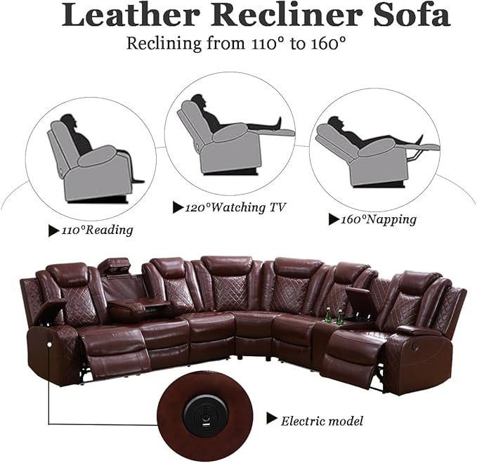 A Ainehome Leather Power Recliner Furniture Sofa Set, Power Recliner Adjustable Sofa, Loveseat and Chair with USB Chargers/Cup Holder for Living Room/Office(A-Brown)